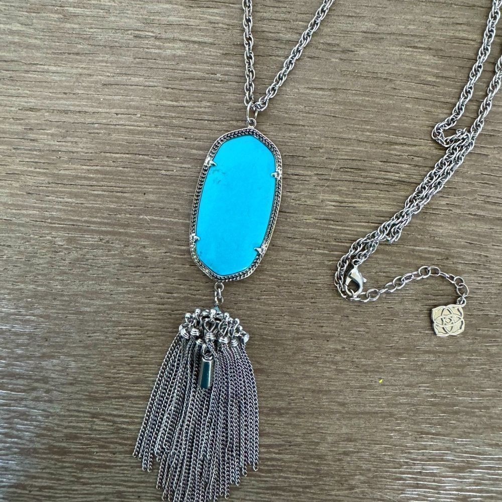 Kendra Scott Rayne Silver Turquoise Pendant Chain Tassel Necklace